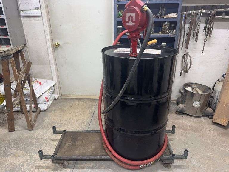 55 GALLON BARREL, PUMP & CART