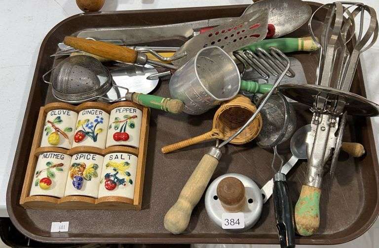 ASSORTED ANTIQUE KITCHEN UTENSILS AND SPICE JARS WITH RACK - Shackelton ...