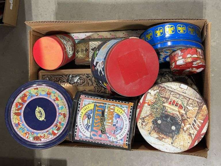 BOX OF ASSORTED TINS - Shackelton Auctions Inc.
