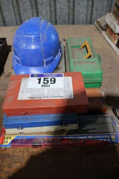 UNIVERSAL O-RINGS, HARD HAT, TACKLE BOX WITH CONTENTS, GUN CLEANING KIT ETC.