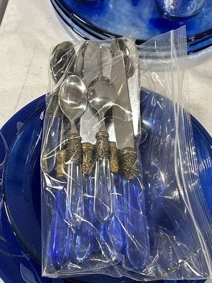 GROUP OF BLUE GLASS DISHES & GLASS HANDLED CUTLERY