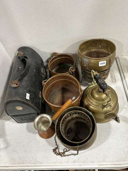 GROUP OF BRASS POTS, TEA KETTLE & LUNCH PAIL