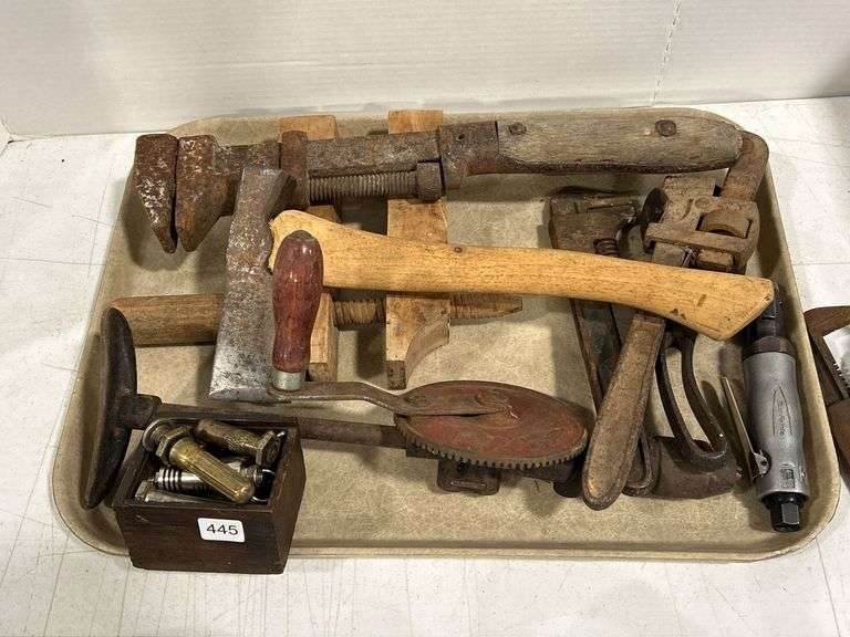 GROUP OF ANTIQUE HAND TOOLS, AIR RATCHET ETC