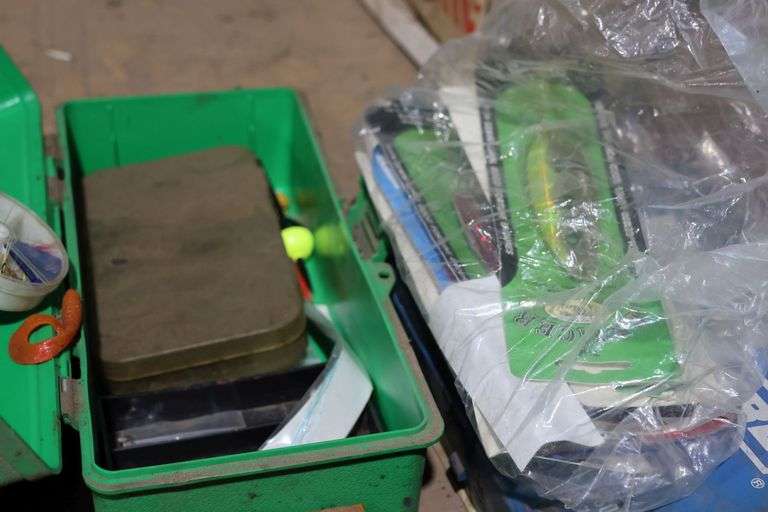 UNIVERSAL O-RINGS, HARD HAT, TACKLE BOX WITH CONTENTS, GUN CLEANING KIT ETC.
