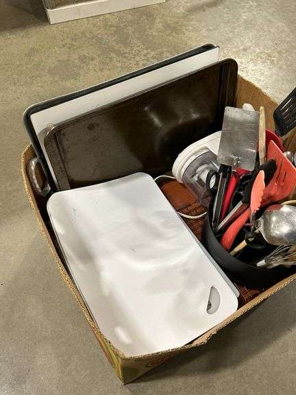 BOX OF POTS, UTENSILS ETC