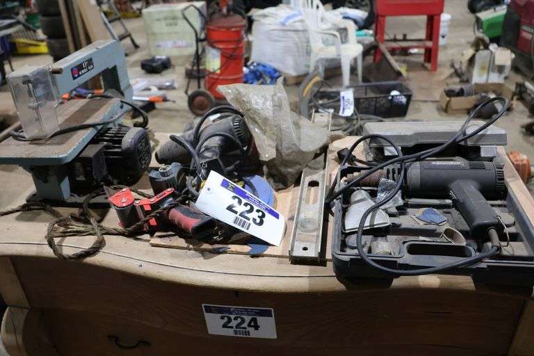 HEAT GUNS, SANDING DRUM SET, 13" SCROLL SAW, TAPE GUN, LEVEL ETC.