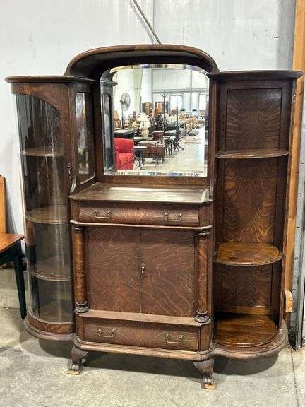 ANTIQUE OAK CUPBOARD WITH BOWFRONT GLASS DISPLAY CABINETS