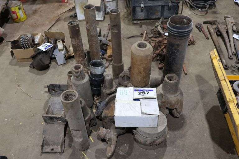 GROUP OF ASSORTED LARGE PIPE FITTINGS & ROTARY DRILL BITS