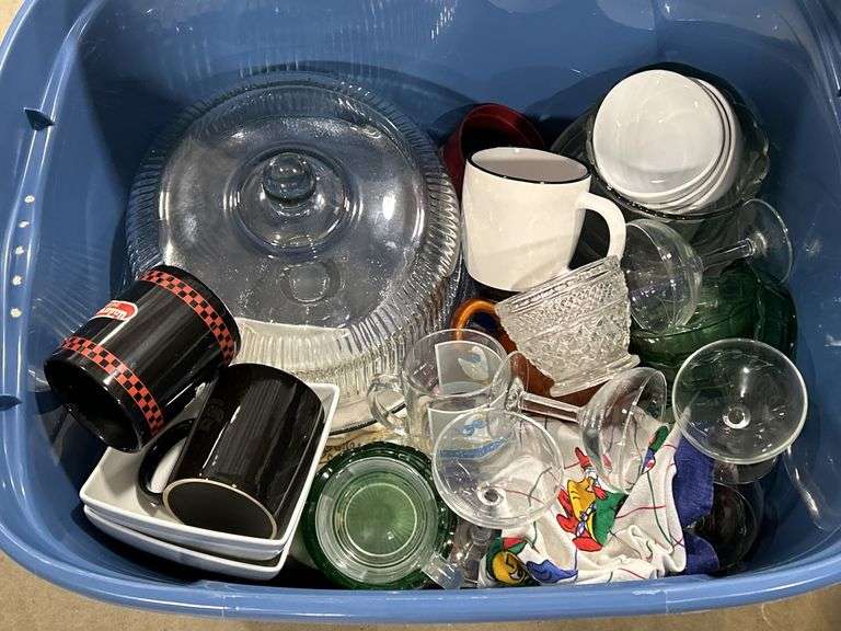 TOTE OF KITCHEN WARE ETC.