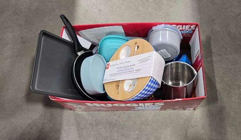 BOX OF EPICURE POT, NEW SALAD BOWL WITH UTENSILS, FOOD STORAGE CONTAINERS, FRY PAN, CAN OPENER ETC
