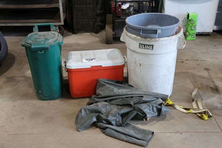 COOLER, GARBAGE CANS, OIL RESISTANT PANTS & JACKET