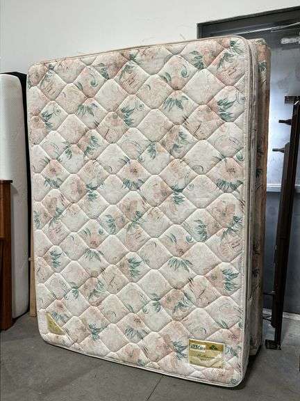QUEEN UPHOLSTERED HEADBOARD WITH RAILS AND MATTRESS WITH BOXSPRING