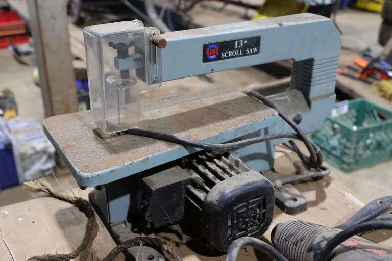 HEAT GUNS, SANDING DRUM SET, 13" SCROLL SAW, TAPE GUN, LEVEL ETC.