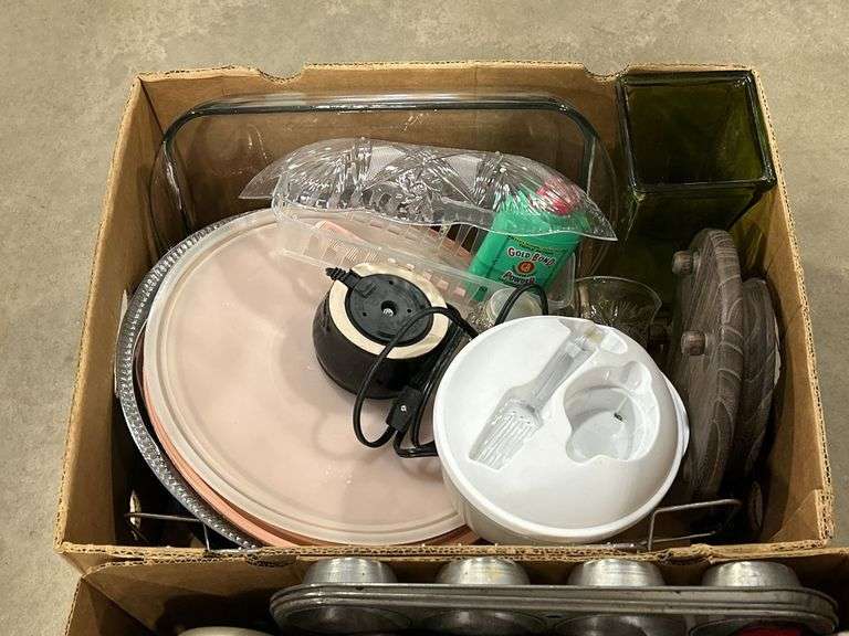 2 BOXES OF BAKEWARE, DISHES ETC.