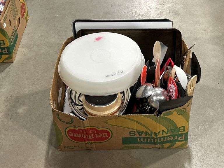BOX OF POTS, UTENSILS ETC