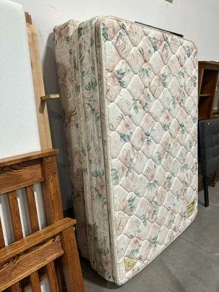 QUEEN UPHOLSTERED HEADBOARD WITH RAILS AND MATTRESS WITH BOXSPRING