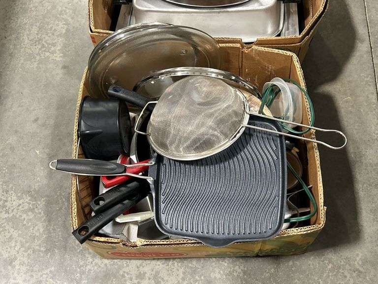 2 BOXES OF ROASTING PANS, COOKWARE ETC.