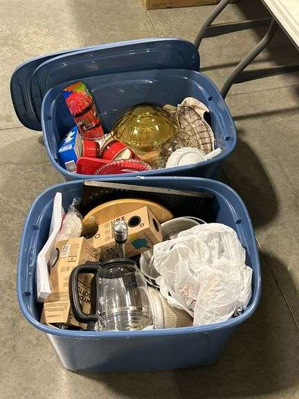 2 TOTES OF DISHES, TEA POT, PAPER TOWEL HOLDER, STRAWS ETC.