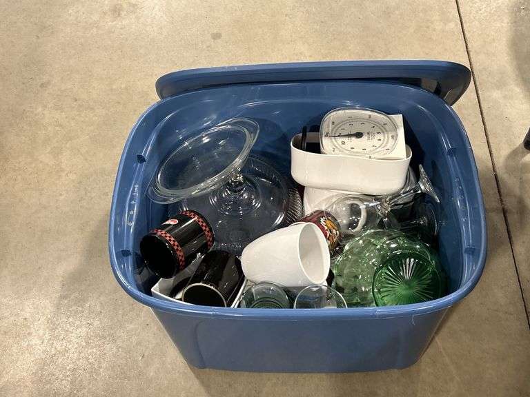 TOTE OF KITCHEN WARE ETC.