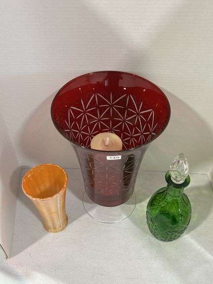 CUT GLASS CRANBERRY VASE, CRUET & MILK GLASS VASE