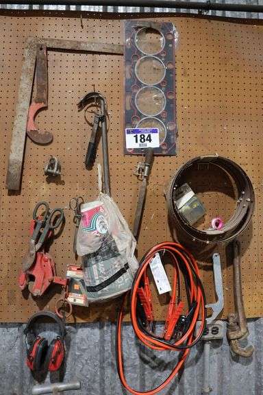 ASSORTED TOOLS INCLUDING SQUARE, JUMPER CABLES, WRENCH, SNIPS, FILE ETC.