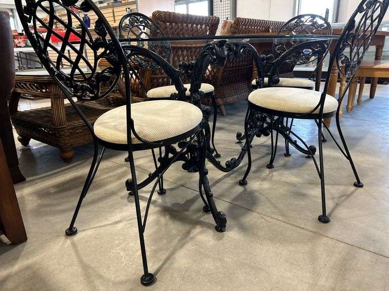 GLASS TOP CAST TABLE WITH FOUR CHAIRS - 60"X40"X28"