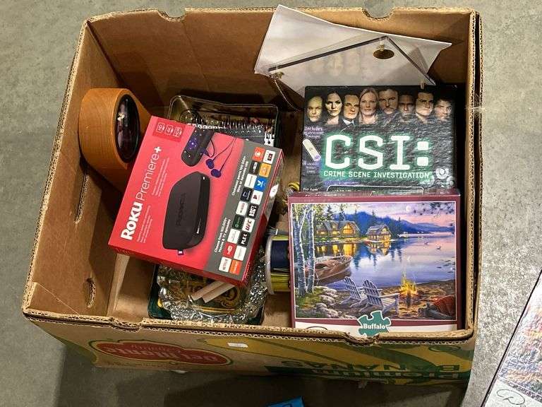 BOX OF PUZZLES, CLOCK ETC
