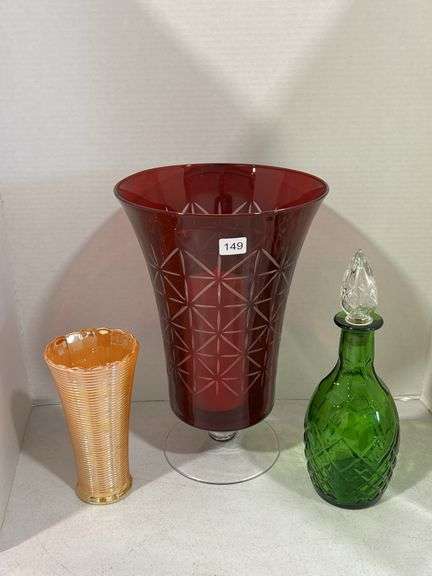 CUT GLASS CRANBERRY VASE, CRUET & MILK GLASS VASE