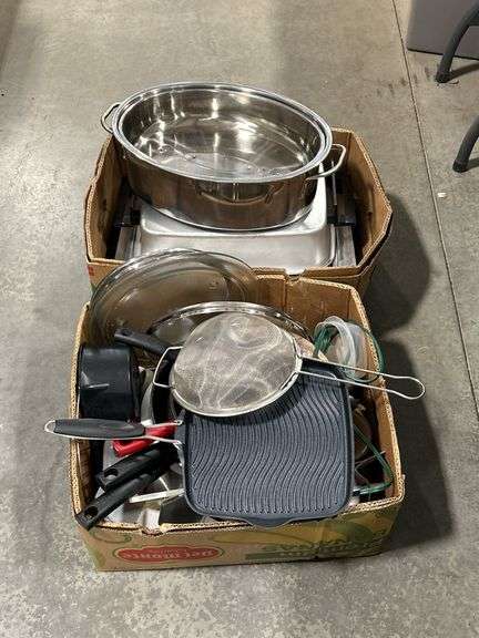 2 BOXES OF ROASTING PANS, COOKWARE ETC.