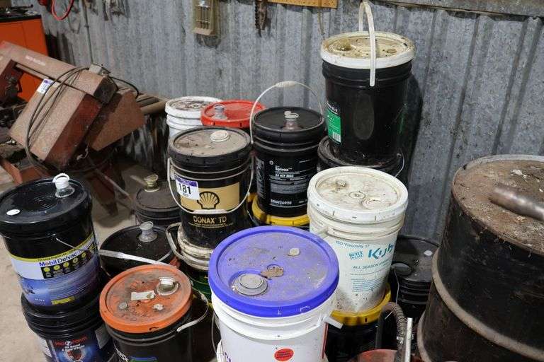 ASSORTED PAILS OF OIL, ETC.