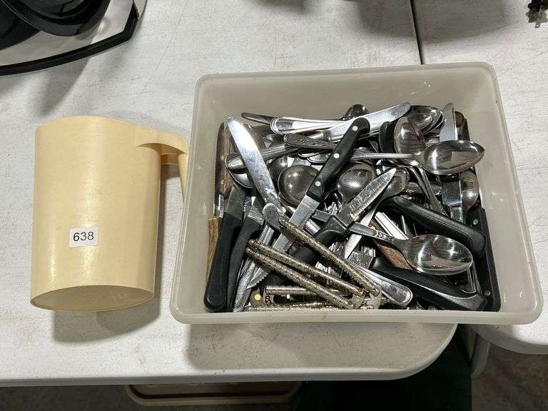 BIN OF SILVERWARE & MILK PITCHER