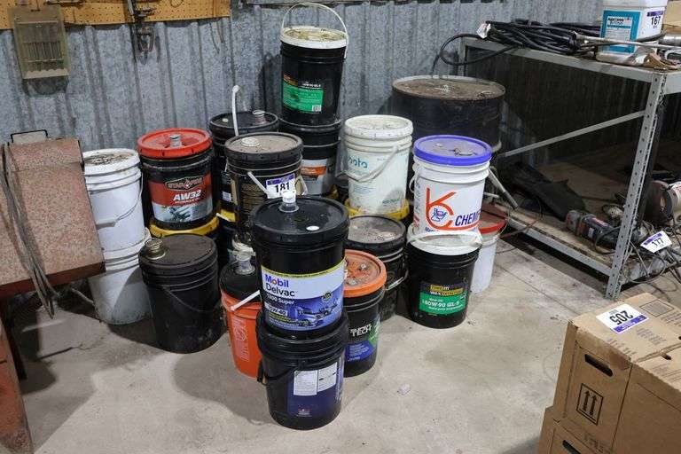 ASSORTED PAILS OF OIL, ETC.