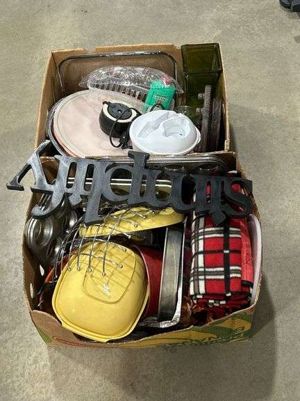 2 BOXES OF BAKEWARE, DISHES ETC.