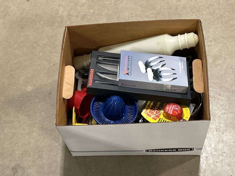 BOX OF KITCHEN UTENSILS, KNIVES ETC.