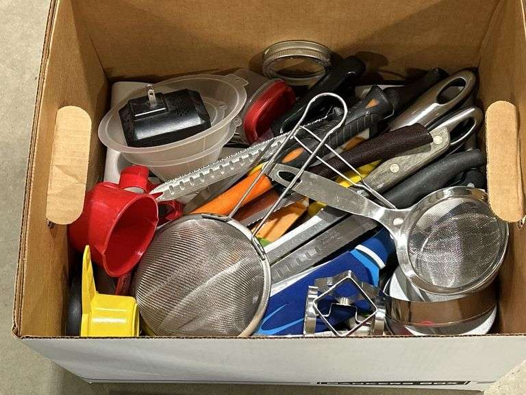 BOX OF KITCHEN UTENSILS, KNIVES ETC.