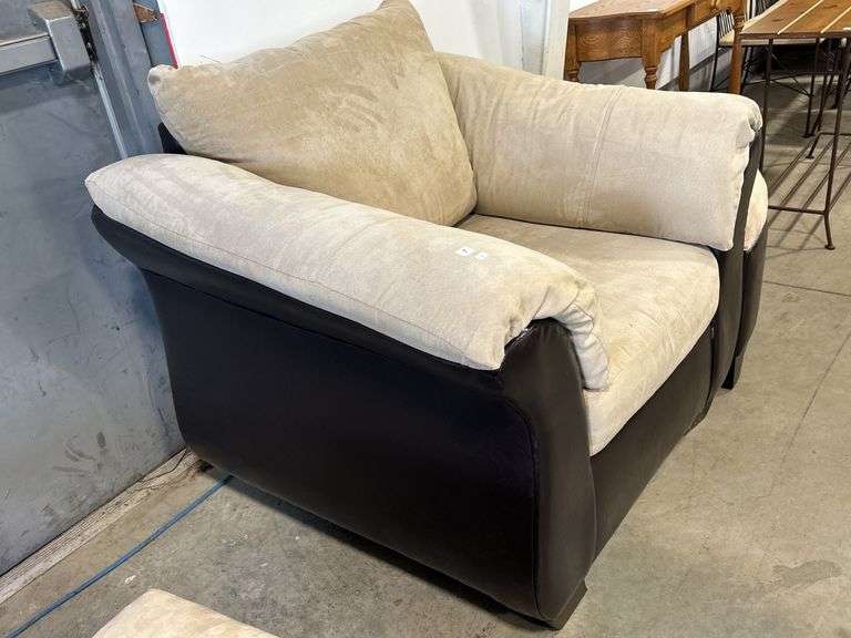 UPHOLSTERED SOFA CHAIR AND TWO OTTOMANS