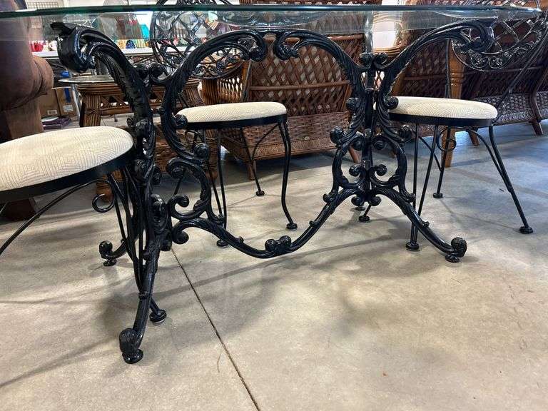 GLASS TOP CAST TABLE WITH FOUR CHAIRS - 60"X40"X28"