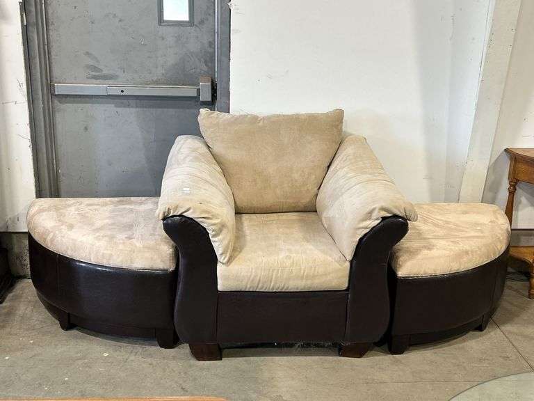 UPHOLSTERED SOFA CHAIR AND TWO OTTOMANS