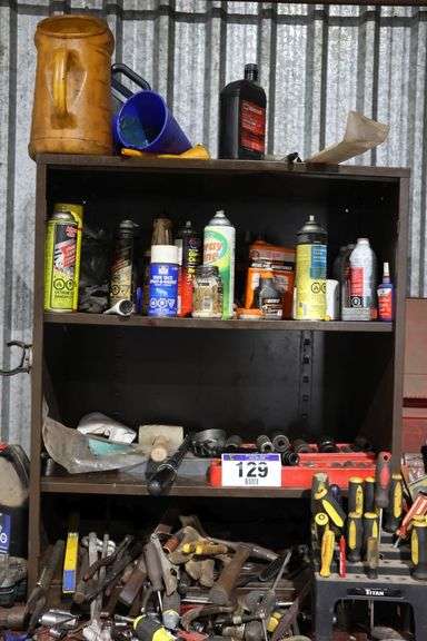 3 TIER METAL SHELF WITH CONTENTS