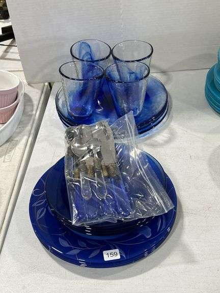 GROUP OF BLUE GLASS DISHES & GLASS HANDLED CUTLERY