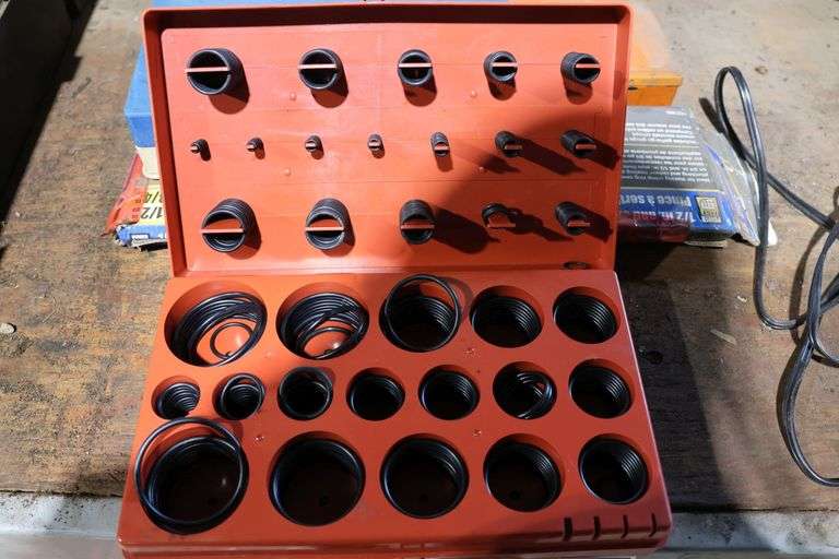 UNIVERSAL O-RINGS, HARD HAT, TACKLE BOX WITH CONTENTS, GUN CLEANING KIT ETC.