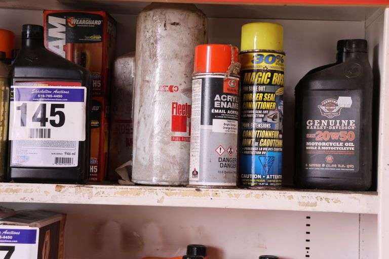 ASSORTED OILS, LUBRICANTS, FUEL CONDITIONER, MOTORCYCLE OIL, BEARING GREASE ETC.
