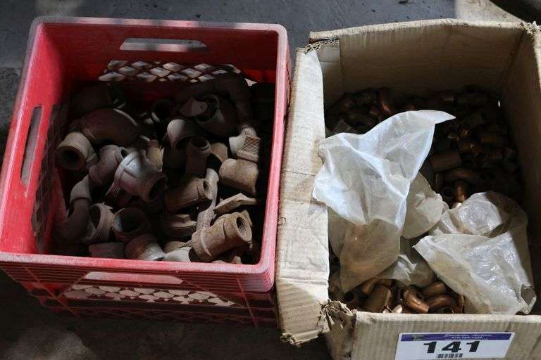GROUP OF PIPE FITTINGS, BOLTS, SCREWS, NAILS ETC