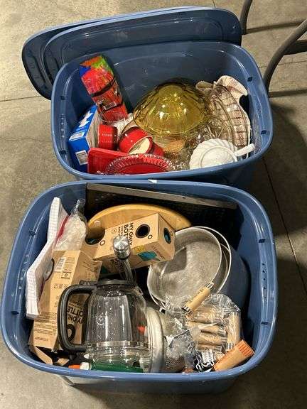 2 TOTES OF DISHES, TEA POT, PAPER TOWEL HOLDER, STRAWS ETC.