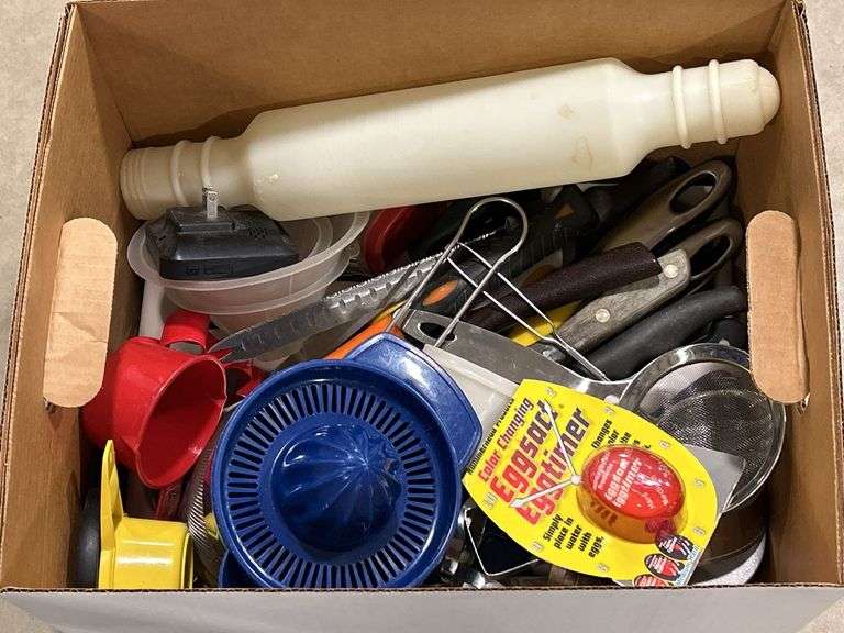 BOX OF KITCHEN UTENSILS, KNIVES ETC.