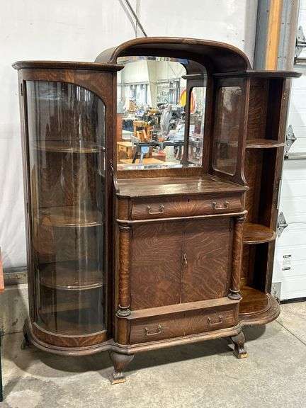 ANTIQUE OAK CUPBOARD WITH BOWFRONT GLASS DISPLAY CABINETS