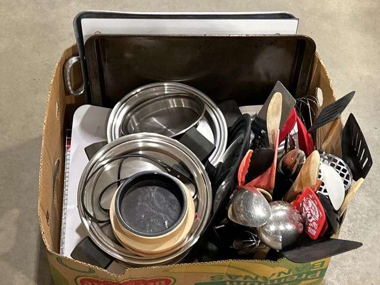 BOX OF POTS, UTENSILS ETC