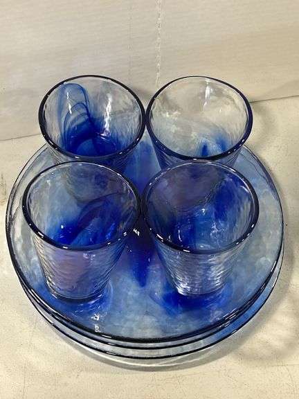 GROUP OF BLUE GLASS DISHES & GLASS HANDLED CUTLERY