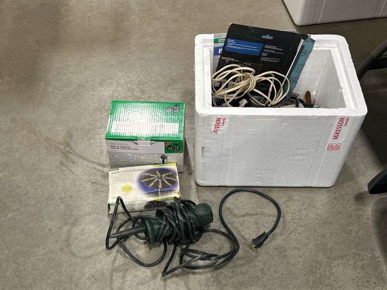BOX OF POWER BARS, PATIO LIGHTS & RED & GREEN LASER PROJECTOR