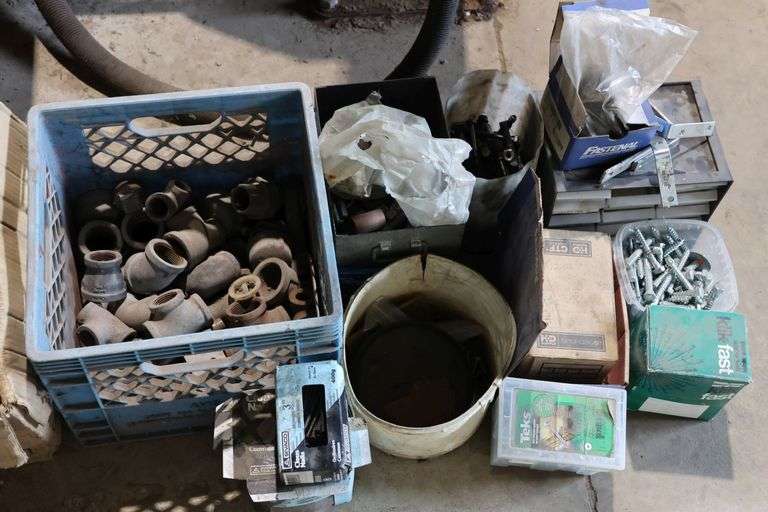 GROUP OF PIPE FITTINGS, BOLTS, SCREWS, NAILS ETC